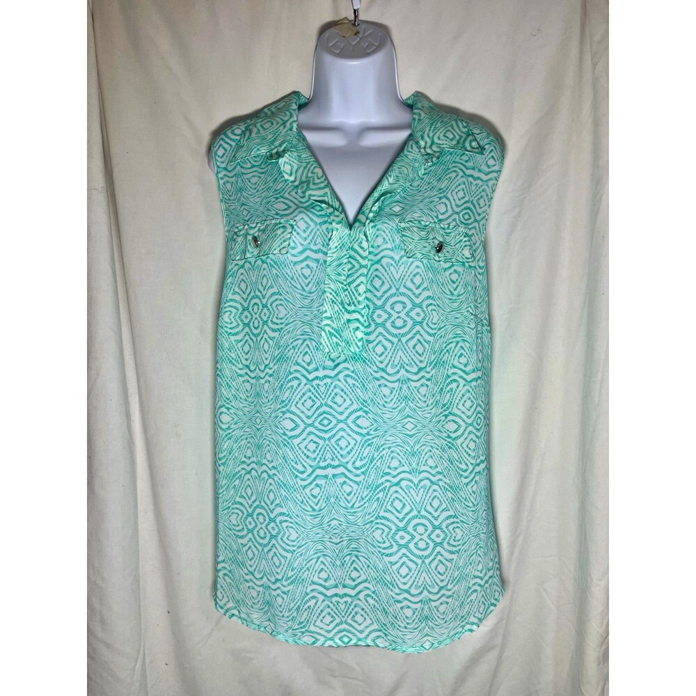 Unique Spectrum Women’s Blouse 2X Green/White Geometric Collared Sleeveless